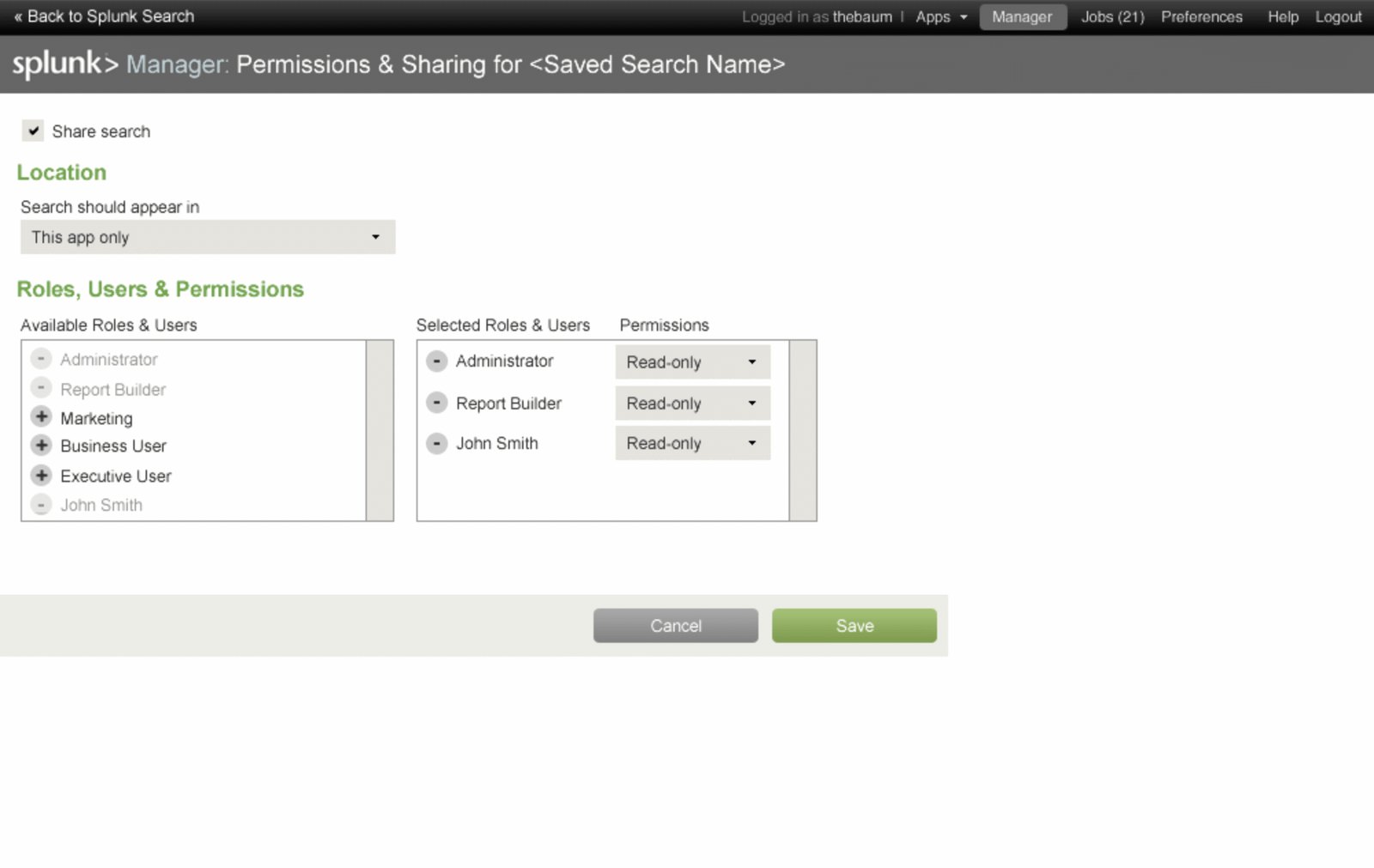 Permissions and sharing settings for a saved search