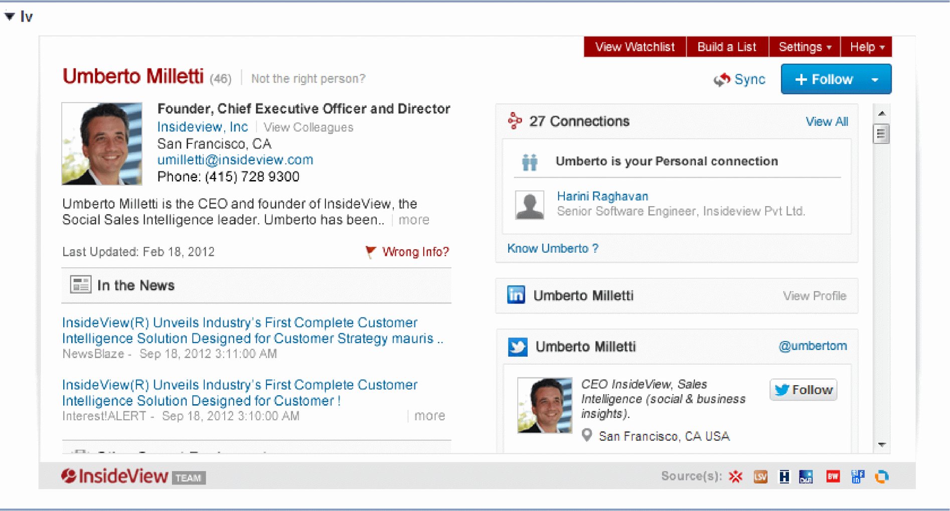 InsideView module within Salesforce / CRM: Person details
